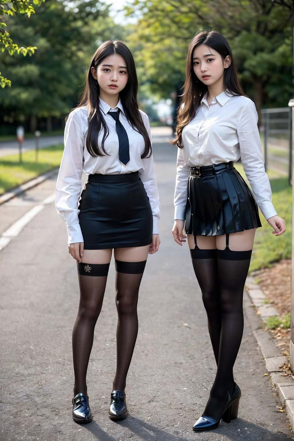 (Realisticな紺色ブレザーの制服を着用しています), ((High school girls always wear black stockings.)), (8K), (Highest quality: 1.2), (Realistic: 1.2), Ultra-high resolution, Very detailed, Golden Ratio, (RAW Photos:1.1), (Two high school girls are standing facing this way.),((Full body portrait)), (Wide thighs),Japanese high school girls, 19 years old, Detailed skin, Enako's face, Super cute face, (F Cup Big:1.3), Cleavage, Put your hands on your hips, (Realisticな紺色ブレザーの制服を着用しています:1.7), (Winter uniforms), (The pleated mini skirt is very short:1.4), (Wide thighsと長い脚:1.3), ((Wide thighs)), ((Shiny black stockings:1.3)), ((High school girls always wear black stockings.)), (Wearing high heel loafers)
