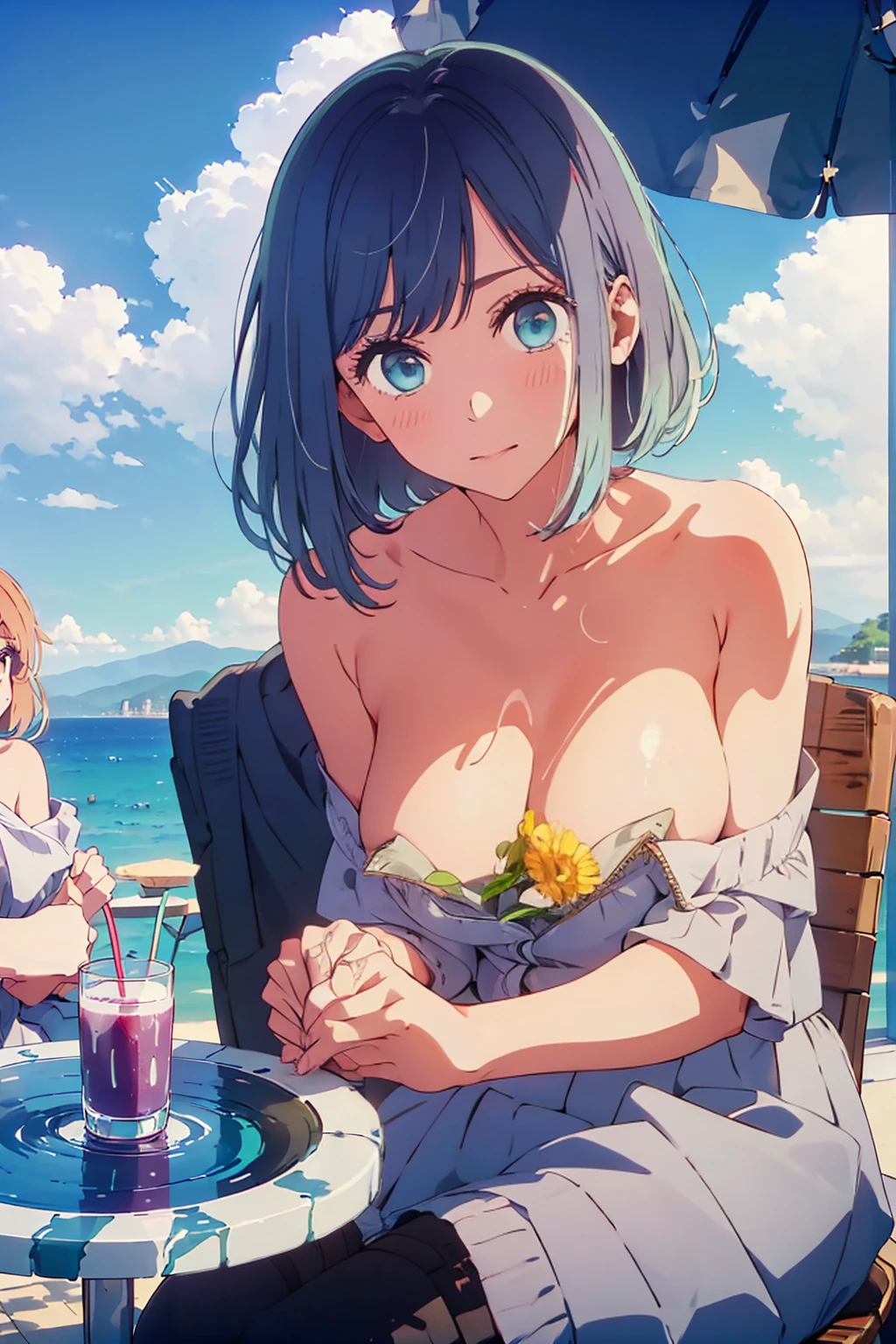 (Highest quality:1.4、8K:1.4、detailed)、F cup bust、Big Breasts、Slim body、Very white beautiful skin、((((1 person、Troubled expression、sit、Chair、In the background are the urban buildings of Tokyo、looking at the camera、Outdoor café terrace、coastal、Navy hair color、juice、Shooting up close、table、Very cute face))))、((((nude、Areola))))、(Touching cheeks with both hands pose:1.4)、(((Oversized off-the-shoulder knit)))、Nipples、Very blue sky、A completely cloudless sky