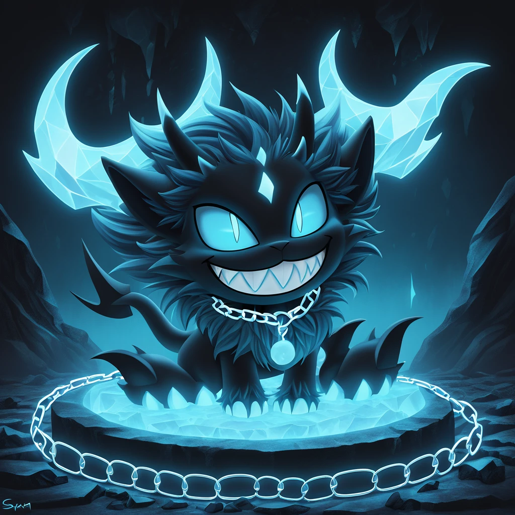 fluffy cute ball of chains dark and sinister eyes chains glowing with eerie blue light demonic horns curved downward and a fanged grin background black rock and icy blue