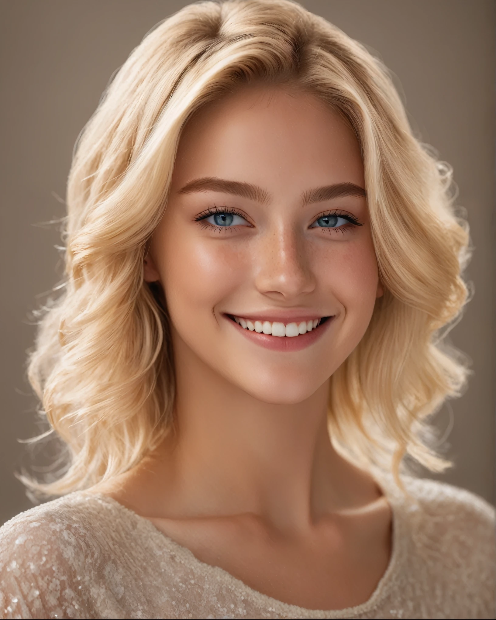 glamour portrait shot (from side:0.5) of beautiful age 18 girl grinning with skin pores, photo of beautiful age 18 girl, blonde hair, freckles, sexy, beautiful, dslr, 8k, 4k, ultrarealistic, realistic, natural skin, textured skin pores, pores, skin blemishes, rough skin, raytracing, subsurface scattering, velus hair, face focus, sharp focus, detailed eyes