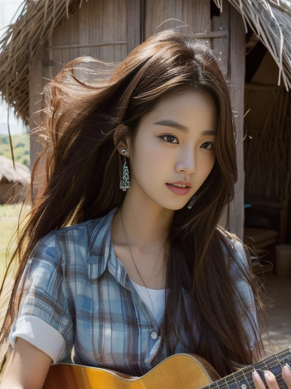 Araffi woman sitting in front of a hut with a guitar, Jae Yeon Nam, Tzuyu from two times, Korean girl, Chinese girl, Jinyoung Shin, Roseanne Park of blackpink, Korean idol, girl playing guitar, gongbi, portrait of female Korean idol, beautiful south korean women, singer-songwriter, Korean artist, Xindong Chen, Wen Feiye