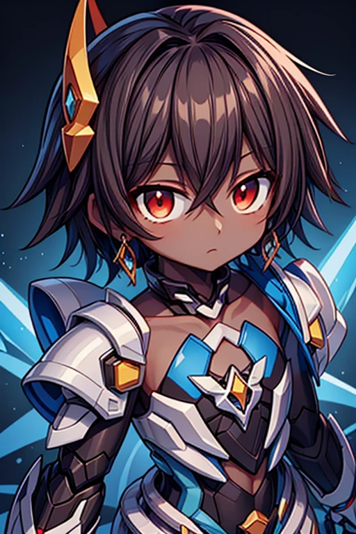 (((dark skin tone))),dark skin male, femboy, dark skin, cute shota,red eyes, ((blue mecha hairpin)), dark brown hair medium hair,wearing a black exoskeleton, blue gauntlet's, honkai impact herrscher of reason, full armour mecha_musame, orange gem on chest, close up