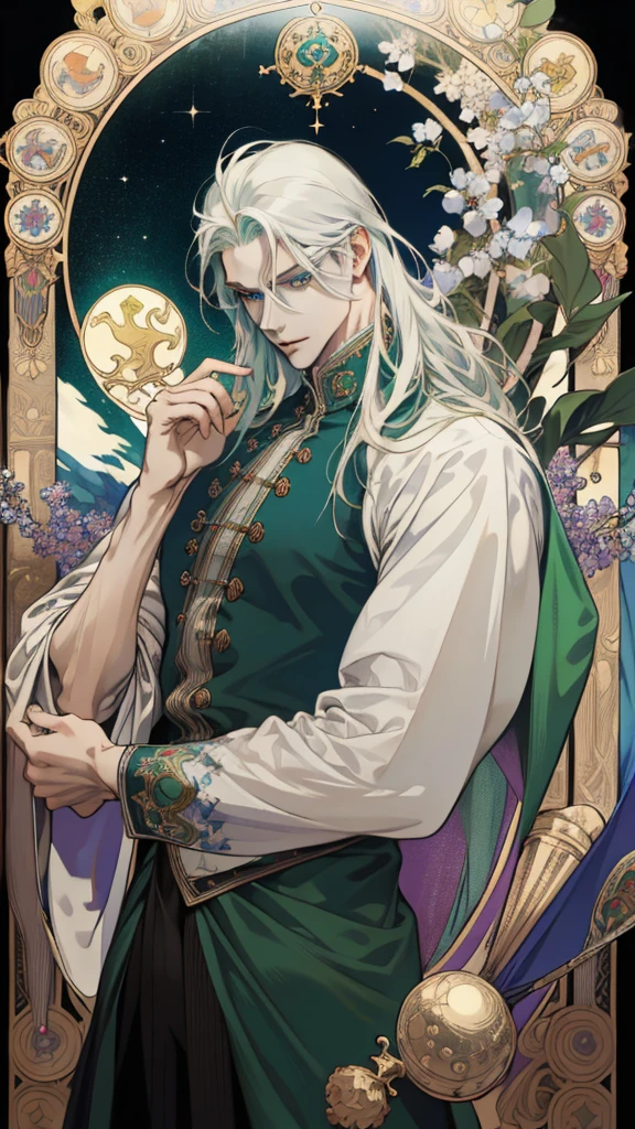 (absurdress, hight resolution, overdetalization), 1 male, grown up, cutest, tall muscular guy, wide shoulders, Detailed eyes and detailed face, beating magic, Red light, (Masterpiece, Side light, Fine Beautiful Eyes: 1.2), HDR, (glowing green eyes)), (glowing tattoo), Handsome long-haired man, white colored hair, musculature, Sateen, a handsome, facing the camera, Masterpiece fool \tarot\, bard, clown, Symbolism, visual art, occultism, Universal, Vision Casting, Philosophical, Iconography, Divination by numbers, Popularity, an artistic, by Alphonse Mucha