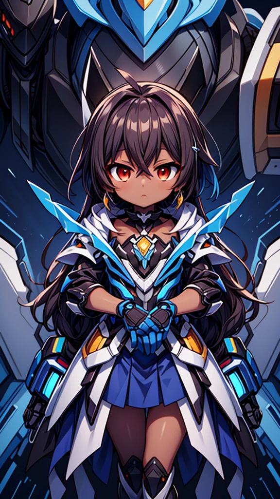 (((dark skin tone))),dark skin male, femboy, dark skin, cute shota,red eyes, ((blue mecha hairpin)), dark brown hair medium hair,wearing a black exoskeleton, blue gauntlet's, honkai impact herrscher of reason, full armour mecha_musame, orange gem on chest, fullbody close-up 