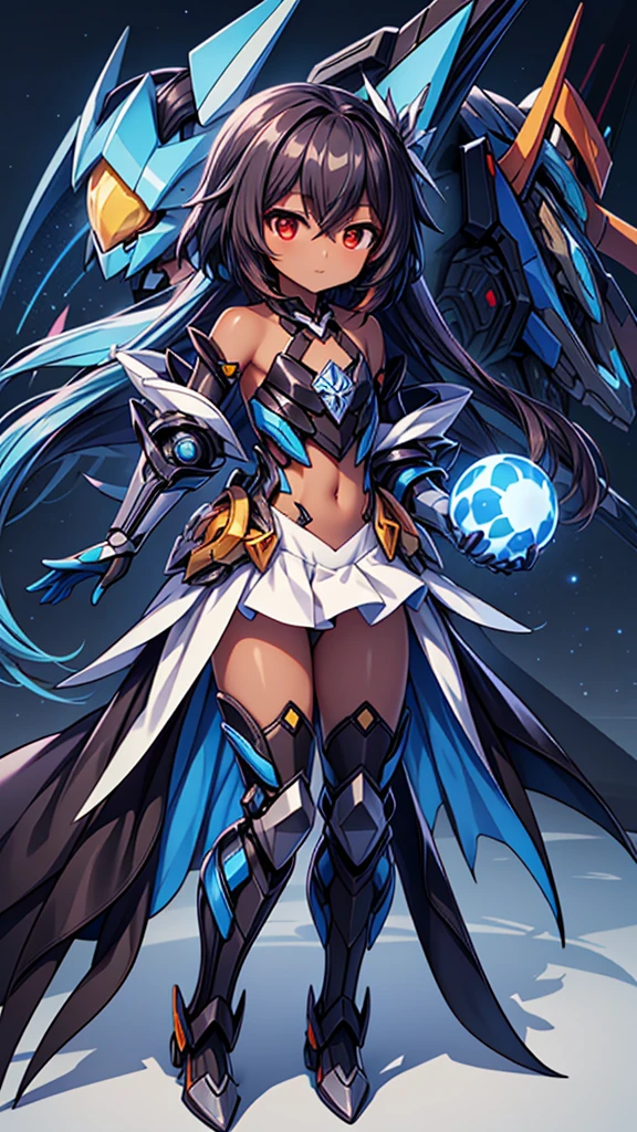 (((dark skin tone))),dark skin male, femboy, dark skin, cute shota,red eyes, ((blue mecha hairpin)), dark brown hair medium hair,wearing a black exoskeleton, blue gauntlet's, honkai impact herrscher of reason, full armour mecha_musame, orange gem on chest, fullbody close-up 