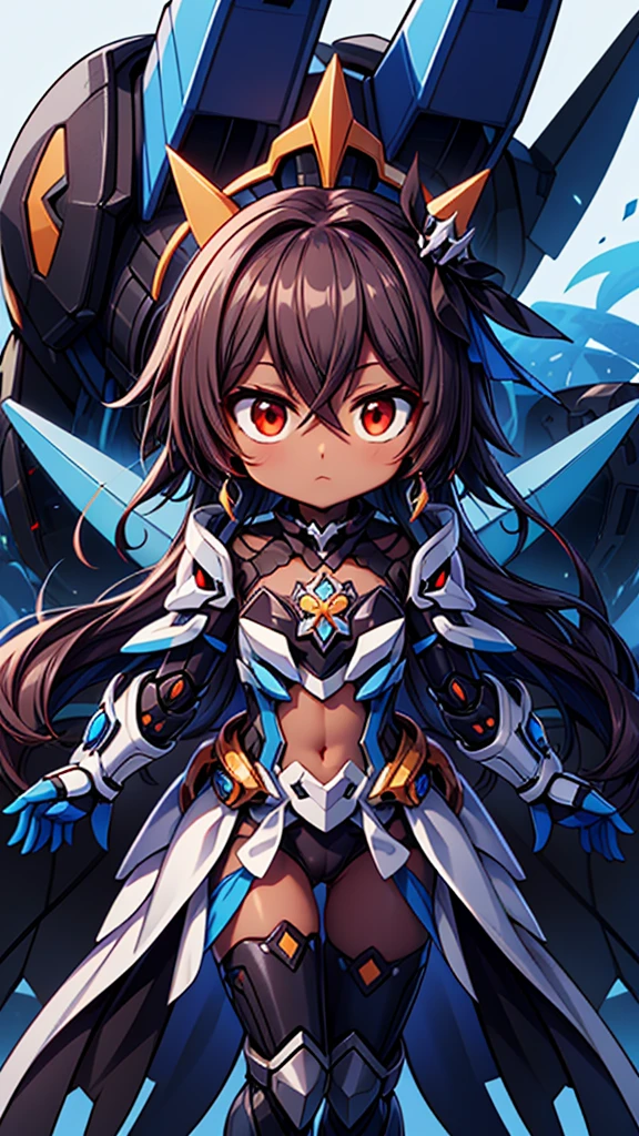 (((dark skin tone))),dark skin male, femboy, dark skin, cute ,red eyes, ((blue mecha hairpin)), dark brown hair medium hair,wearing a black exoskeleton, blue gauntlet's, honkai impact herrscher of reason, full armour mecha_musame, orange gem on , fullbody close-up 