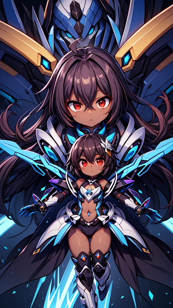 (((dark skin tone))),dark skin male, femboy, dark skin, cute shota,red eyes, ((blue mecha hairpin)), dark brown hair medium hair,wearing a black exoskeleton, blue gauntlet's, honkai impact herrscher of reason, full armour mecha_musame, orange gem on chest, fullbody close-up 