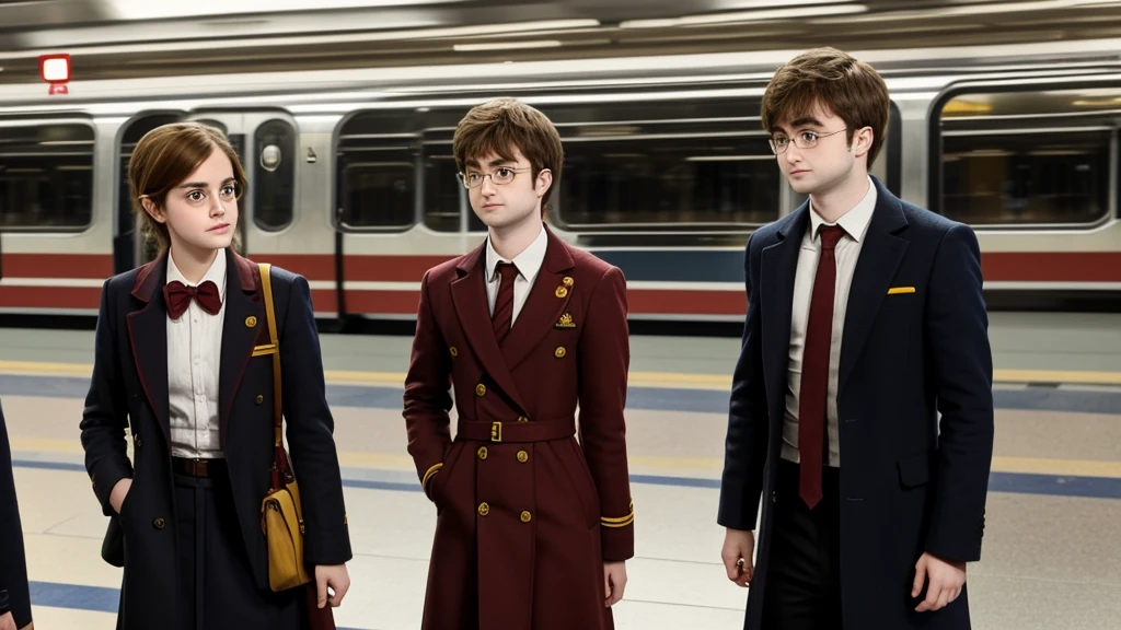 A adult Emma Watson without spectacles and Adult Daniel Radcliffe in spectacles is standing at a metro subway train station waiting for the metro train. Both are wearing Gryffindor Harry Potter Uniform and looking, there are passengers on the station as well.