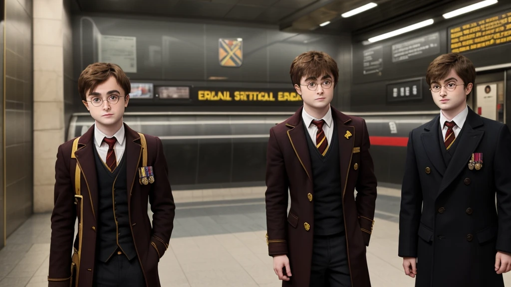 A adult Emma Watson without spectacles and Adult Daniel Radcliffe in spectacles is standing at a metro subway train station waiting for the metro train. Both are wearing Gryffindor Harry Potter Uniform and looking, there are passengers on the station as well.