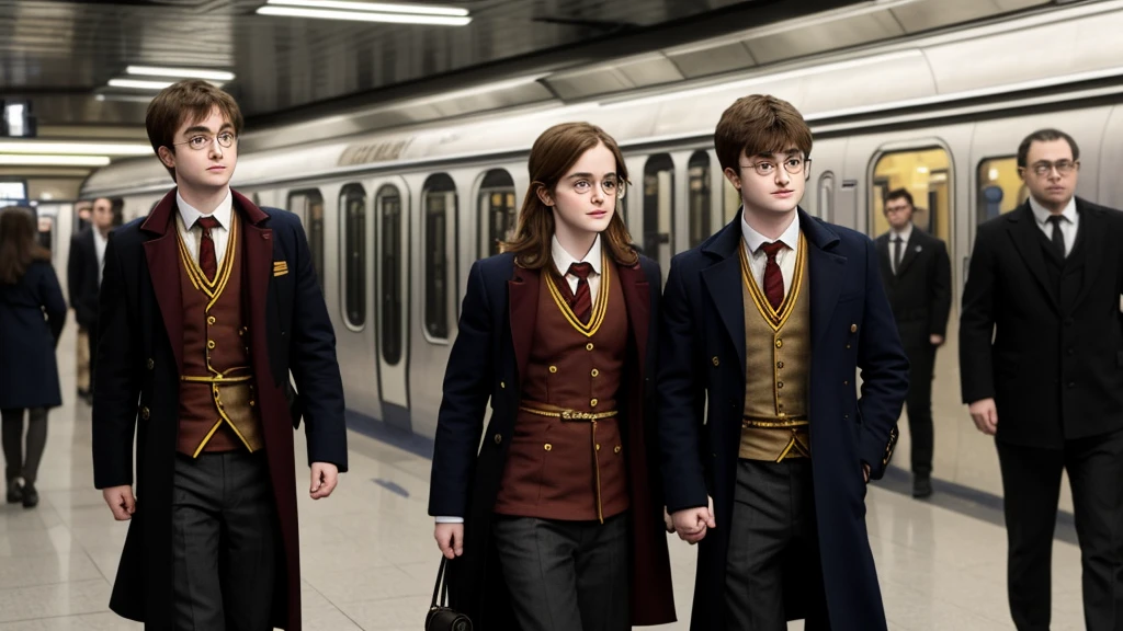 A adult Emma Watson without spectacles and Adult Daniel Radcliffe in spectacles is standing at a metro subway train station waiting for the metro train. Both are wearing Gryffindor Harry Potter Uniform and looking, there are passengers on the station as well.
