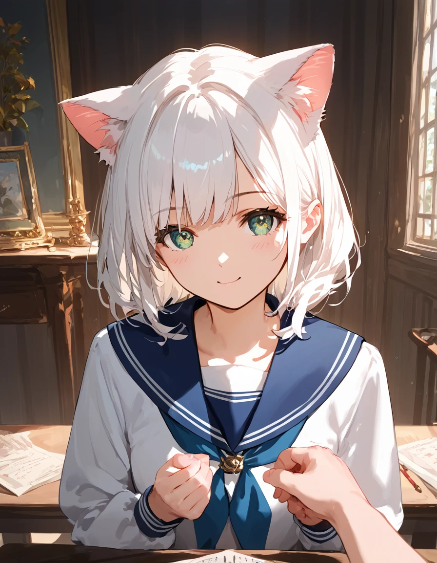 score_9, score_8_up, score_7_up, score_6_up, source_anime, rating_safe, masterpiece, best qualityer, Cat-eared girl with white hair, Straight ahead, Viewer's POV, hands out, adolable, sailor outfit