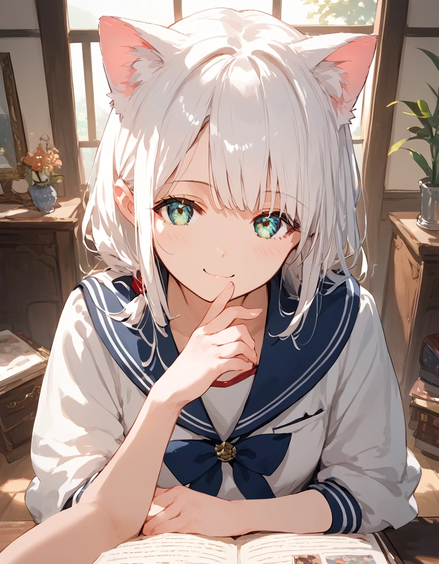 score_9, score_8_up, score_7_up, score_6_up, source_anime, rating_safe, masterpiece, best qualityer, Cat-eared girl with white hair, Straight ahead, Viewer's POV, hands out, adolable, sailor outfit