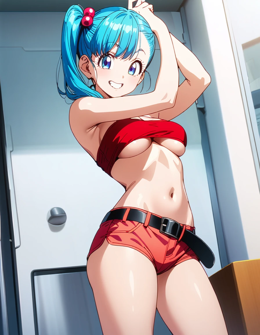 score_9, score_8_up, score_7_up, BREAK from front:1,,(standing),arms up.stretch.,1girl,bulma, blue eyes, blue hair,bare shoulders, belt, cleavage, hair bobbles, hair ornament, hair over shoulder,medium breast,midriff, navel, one side up, red tube top, shorts,ass, side ponytail, (strapless, tube top,under_boob:1),looking at viewer,facial expression,smile,masterpiece, best quality,  detailed body, highly detailed, anime coloring.anime,[anime_screencap:0.8] , highly detailed,