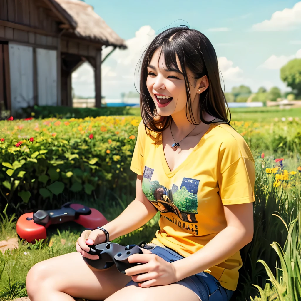 8K, ultra detailed, (realistic:1.2), 1girl, (t-shirts, V-neck),(short pants),(laugh:1.5),(game controller:1.5), outdoors, (monet:1.3)