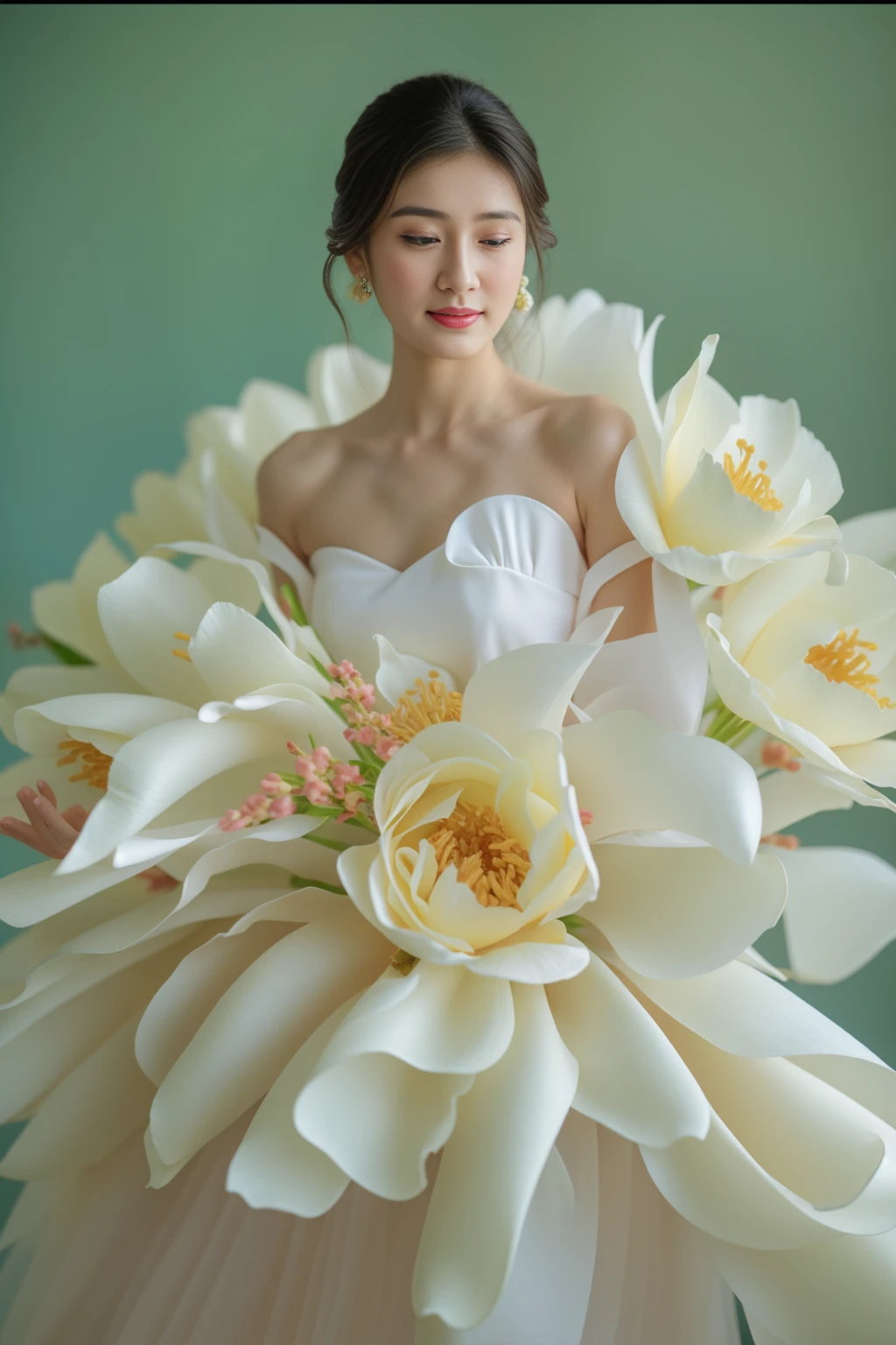 pink background,  arafed woman in a white dress with large flowers on her dress,, inspired by Liu Haisu, made of silk paper, robe. extremely high details, floral couture, inspired by Ruan Jia, flowing gown, dressed beautiful gown, intricate gown, sha xi, inspired by Huang Ji, inspired by Wen Jia, yanjun chengt, an intricate dress