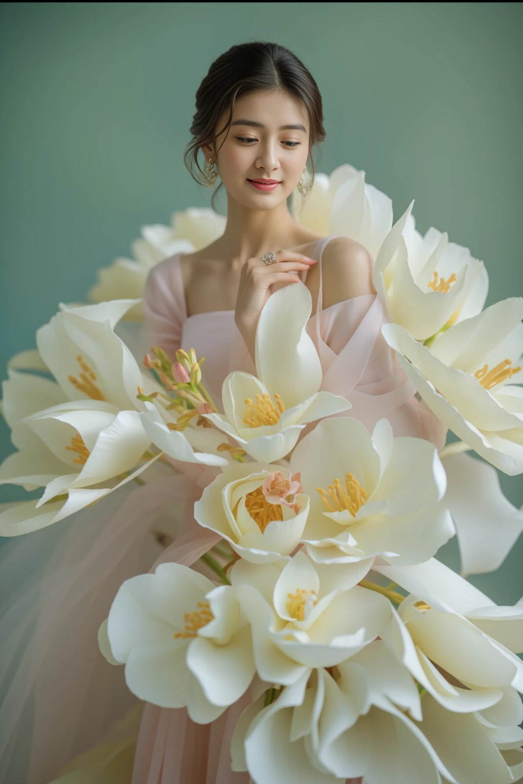 pink background, arafed woman in a white dress with large flowers on her dress,, inspired by Liu Haisu, made of silk paper, robe. extremely high details, floral couture, inspired by Ruan Jia, flowing gown, dressed beautiful gown, intricate gown, sha xi, inspired by Huang Ji, inspired by Wen Jia, yanjun chengt, an intricate dress