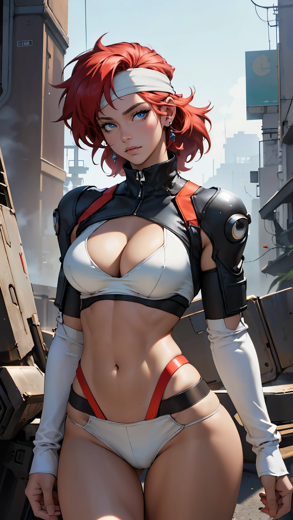 ((Masterpiece, highest quality; 1.3)), super quality, beautiful detail, super detailed, extra fine, 16K, exquisite, absurd, high resolution, beautiful background, detailed background, beautiful eyes, beautiful skin, anime style, Kay from Dirty Pair in a white outfit, tight outfit, cleavage, bushy redhead beauty, very light blue uniform, wearing tight clothes, skimpy, (mid chest: 1.2), cleavage, cleavage, slim waist , thin waist, slim thighs, thin legs, slim legs. thigh gap, showing stomach, skinny, thin hips, cyberpunk city background, holding retro space gun , headband,