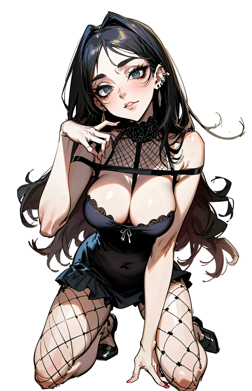 (best quality,masterpiece:1.2,detailed details,4k),((masterpiece)), ((best quality)), (ultra-detailed), anime style,large breast, slim, slender, ashamed, all fours ,Kneeling,Girl with modern gothic makeup, fair skin, long legs, black eyeshadow, camisole, plump figure, earrings and lip studs, fishnet stockings, posing in an attractive pose, lovable expression