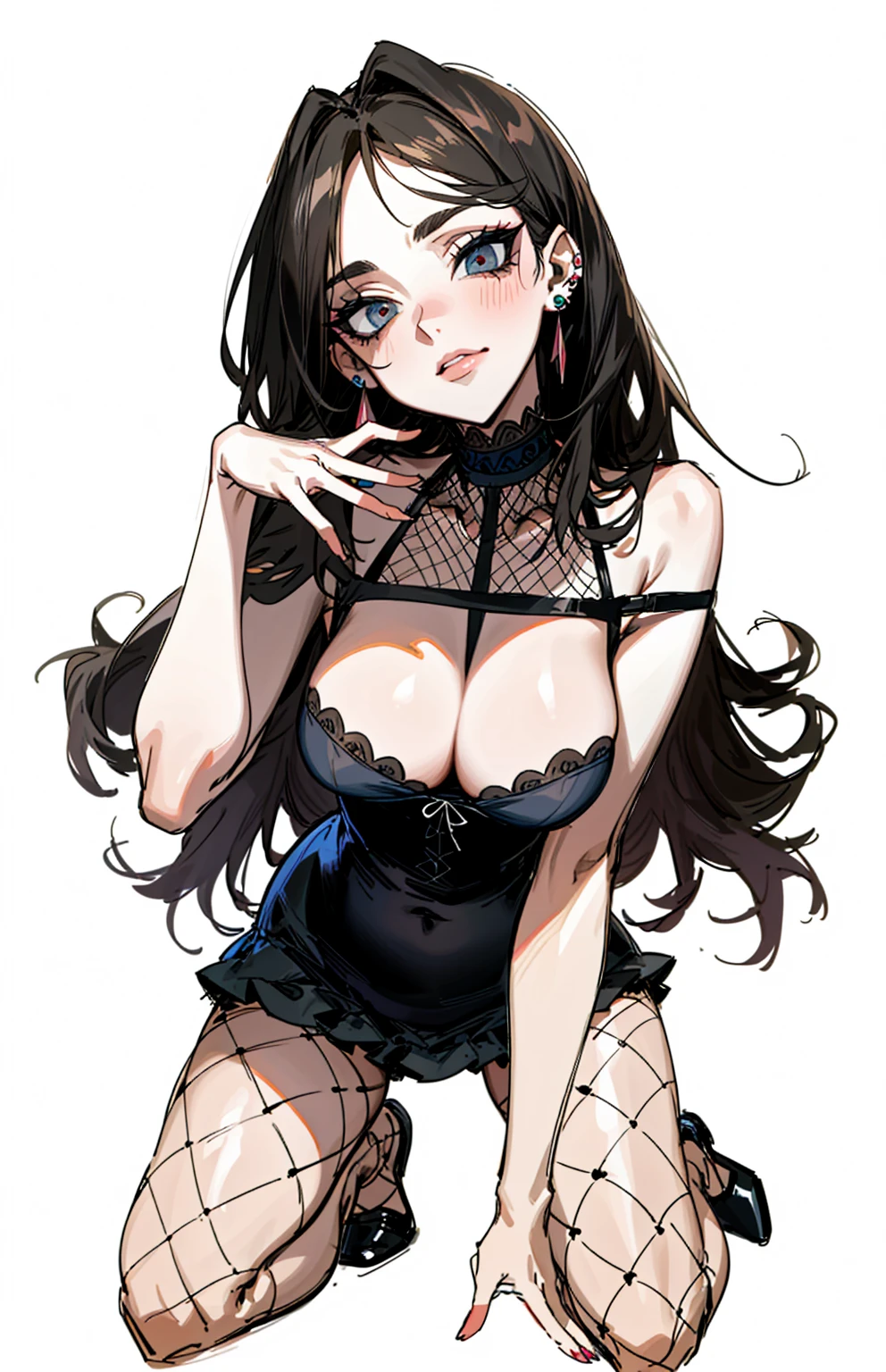 (best quality,masterpiece:1.2,detailed details,4k),((masterpiece)), ((best quality)), (ultra-detailed), anime style,large breast, slim, slender, ashamed, all fours ,Kneeling,Girl with modern gothic makeup, fair skin, long legs, black eyeshadow, camisole, plump figure, earrings and lip studs, fishnet stockings, posing in an attractive pose, lovable expression