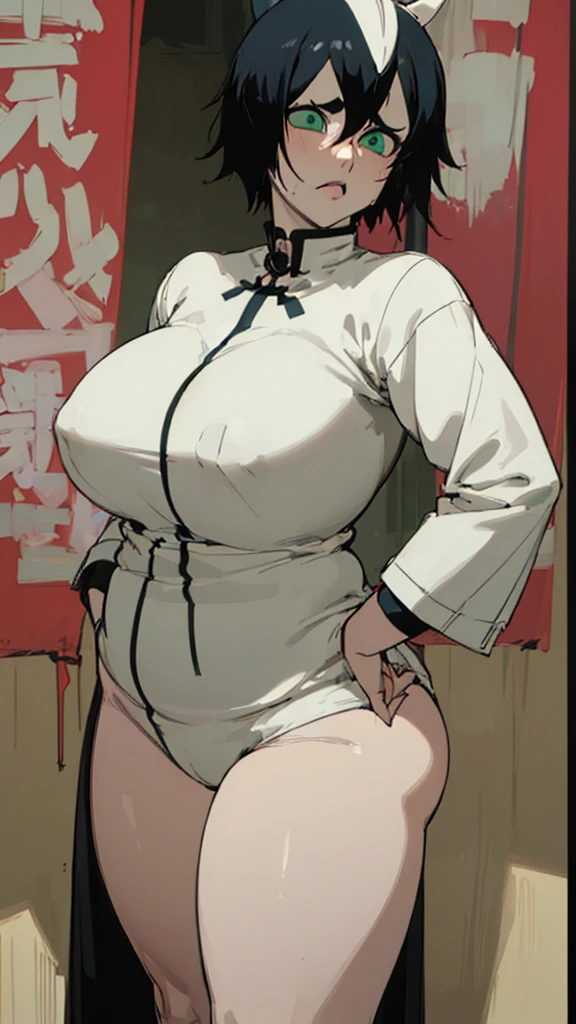 masterpiece, best quality, ultra-detailed, Potrait of beautiful , (chubby) (sexly), (plump), (curvy), (sexly), ((tomboy)), (アニメ), (Saggy breasts), (Plump), ((very short hair)), (boyish), (muscular), (naughty), (young), (overweight), (Short Hair), (pudge face), (cute), (sexly), (Black Hair), (Nude), (Big Areola), ((thick)), (sexly), (Ulquiorra Cifer), (green eyes), (Sinister), (insidious)