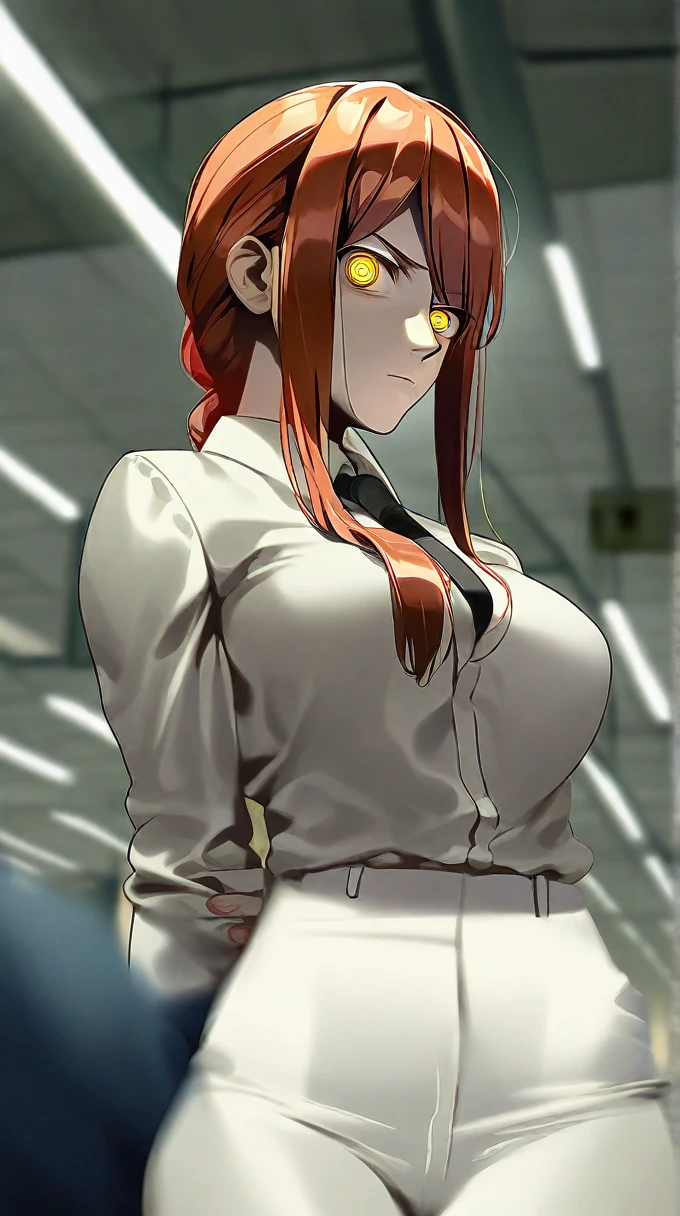 Makima (chainsaw_man), solo, chainsaw_man, 1girl, red_hair, medium_hair, ((ringed_eyes)), yellow_eyes, braided_ponytail [suit], white shirt, black tie, office background, indoors, formal, medium_breasts, (official art), fantasy, masterpiece, best quality, (highres), absurdres, beautiful face, beautiful body, symmetrical face, gorgeous, deep eyes, realistic shaded, stunning, intricate, hyper-detailed, highly detailed, sharp, smooth, sharp focus, realistic, anime, manga
Standing, ((best quality)),((highly detailed)),((perfect )), masterpiece,scenery,intricately detailed, hyperdetailed, blurry background, depth of field, best quality, intricate details, tonemapping, sharp focus, hyper detailed, high 1res, ((at midnight)),((in old office )),makima (chainsaw man),gold pupil ,ponytail, collared shirt,large breast, black pants,from below, looking viewer
