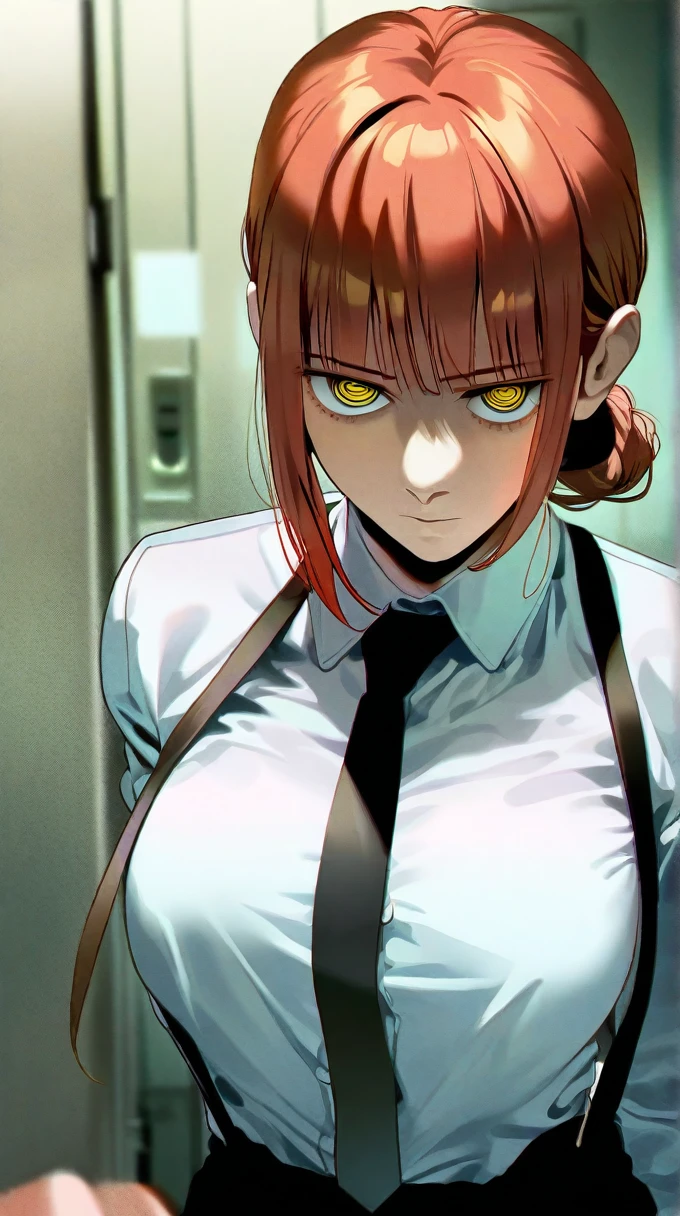 Makima (chainsaw_man), solo, chainsaw_man, 1girl, red_hair, medium_hair, ((ringed_eyes)), yellow_eyes, braided_ponytail [suit], white shirt, black tie, office background, indoors, formal, medium_breasts, (official art), fantasy, masterpiece, best quality, (highres), absurdres, beautiful face, beautiful body, symmetrical face, gorgeous, deep eyes, realistic shaded, stunning, intricate, hyper-detailed, highly detailed, sharp, smooth, sharp focus, realistic, anime, manga
Standing, ((best quality)),((highly detailed)),((perfect anatomy)), masterpiece,scenery,intricately detailed, hyperdetailed, blurry background, depth of field, best quality, intricate details, tonemapping, sharp focus, hyper detailed, high 1res, ((at midnight)),((in old office )),makima (chainsaw man),gold pupil ,ponytail, collared shirt,large breast, black pants,from below, looking viewer
