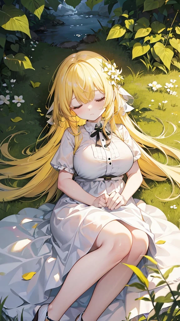 Showing the whole body, Yellow hair, Cute, Baby face, Big breasts, Sleeping, In the forest, White dress, Long hair, Sleeping, 1 person