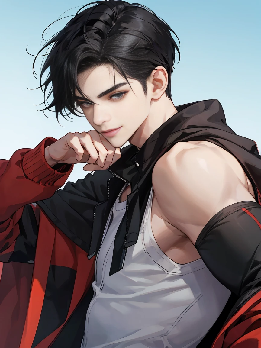 modern, under a clear blue sky, anime style, chiaroscuro, UHD, masterpiece, anatomically correct, textured skin, high details, super detail, best quality, (extreamly delicate and beautiful:1.2), 8K, (tmasterpiece, best:1.0), ((A boy with very short black hair)), short black Quiff hair with Soft Fringe, bangs part on side 5:5 ratio, Single eyelid, wearing a loose black sleeve, thin, (sports style), displaying a sly smile, Korean illustration style.