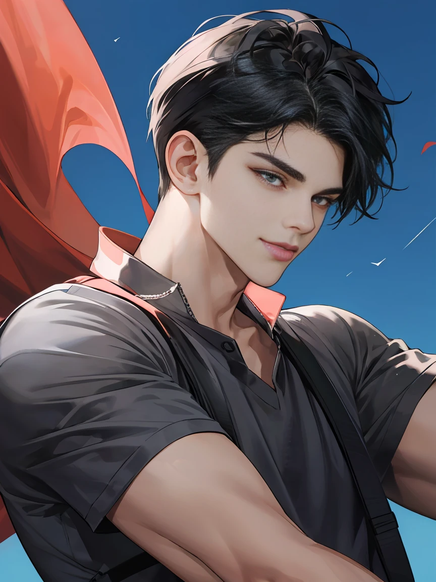 modern, under a clear blue sky, anime style, chiaroscuro, UHD, masterpiece, anatomically correct, textured skin, high details, super detail, best quality, (extreamly delicate and beautiful:1.2), 8K, (tmasterpiece, best:1.0), ((A boy with very short black hair)), short black Quiff hair with Soft Fringe, bangs part on side 5:5 ratio, Single eyelid, wearing a loose black sleeve, thin, (sports style), displaying a sly smile, Korean illustration style.