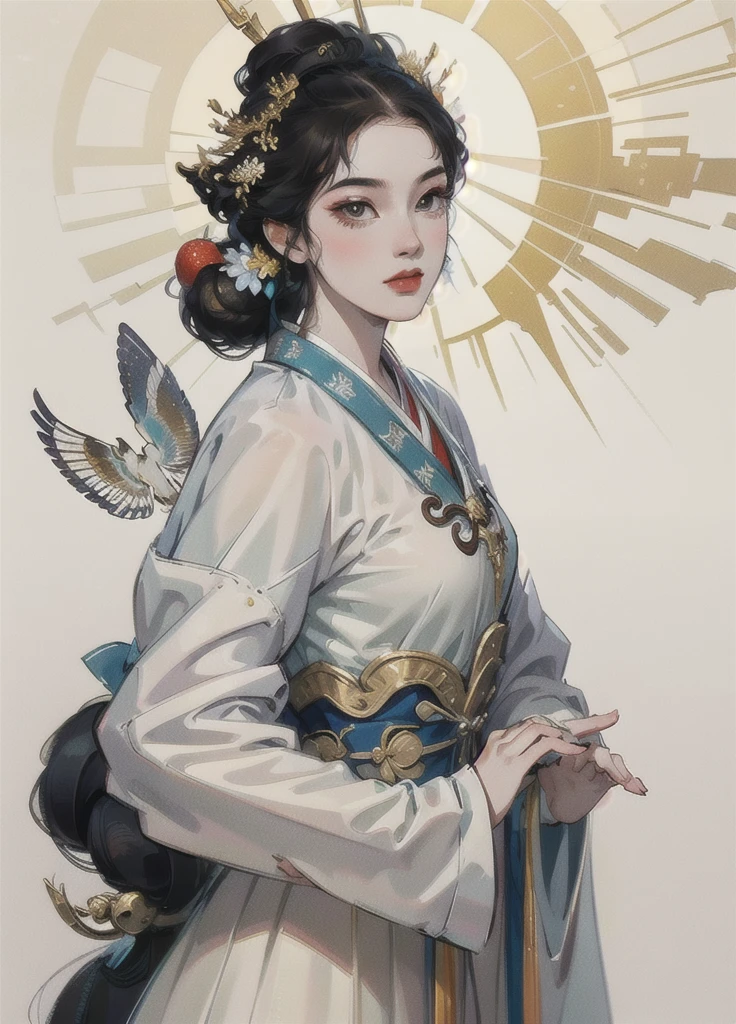 one-girl， Ancient Chinese clothing，Wolfberry-like hairpin， Side face， rays of sunshine， Clear face， Clean white background， tmasterpiece， super detailing， Epic composition， hyper HD， high qulity， extremely detaile， offcial art， Uniform 8k wallpaper， super detailing， 32k  