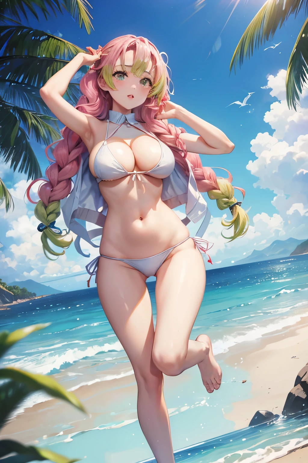 ((1 girls), solo, clevage, Big round breasts, trendy, stylish, clevage, thighs, hips, realistic, pink hair, blonde hair, light green eyes, lip gloss, detailed face, amazing big eyes, eye details, big lips, eyebrow details, blush, smirk, naughty, mischevious face, HD, good quality, thick thighs, attractive, bikini, nipples