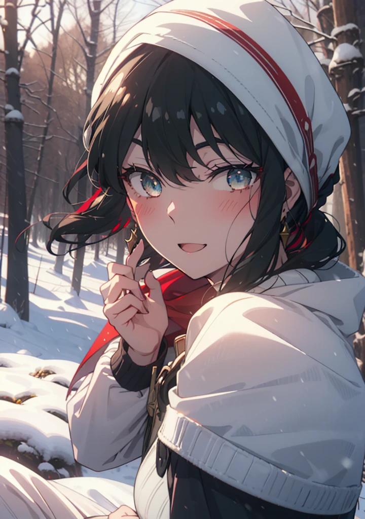 Your thorns, One Girl, blush, Black Hair,Red eyes, hair band, jewelry, Earrings, happy smile, smile, Open your mouth,
Open your mouth,snow,Ground bonfire, Outdoor, boots, snowing, From the side, wood, suitcase, Cape, Blurred, Eat food, forest, White handbag, nature, Squat, Mouth closed, フードed Cape, winter, Written boundary depth, Black shoes, red Cape break looking at viewer, Upper Body, whole body, break Outdoor, forest, nature, break (masterpiece:1.2), Highest quality, High resolution, unity 8k wallpaper, (shape:0.8), (Beautiful and beautiful eyes:1.6), Highly detailed face, Perfect lighting, Highly detailed CG, (Perfect hands, Perfect Anatomy),