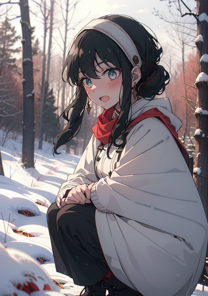 Your thorns, One Girl, blush, Black Hair,Red eyes, hair band, jewelry, Earrings, happy smile, smile, Open your mouth,
Open your mouth,snow,Ground bonfire, Outdoor, boots, snowing, From the side, wood, suitcase, Cape, Blurred, Eat food, forest, White handbag, nature,  Squat, Mouth closed, フードed Cape, winter, Written boundary depth, Black shoes, red Cape break looking at viewer, Upper Body, whole body, break Outdoor, forest, nature, break (masterpiece:1.2), Highest quality, High resolution, unity 8k wallpaper, (shape:0.8), (Beautiful and beautiful eyes:1.6), Highly detailed face, Perfect lighting, Highly detailed CG, (Perfect hands, Perfect Anatomy),