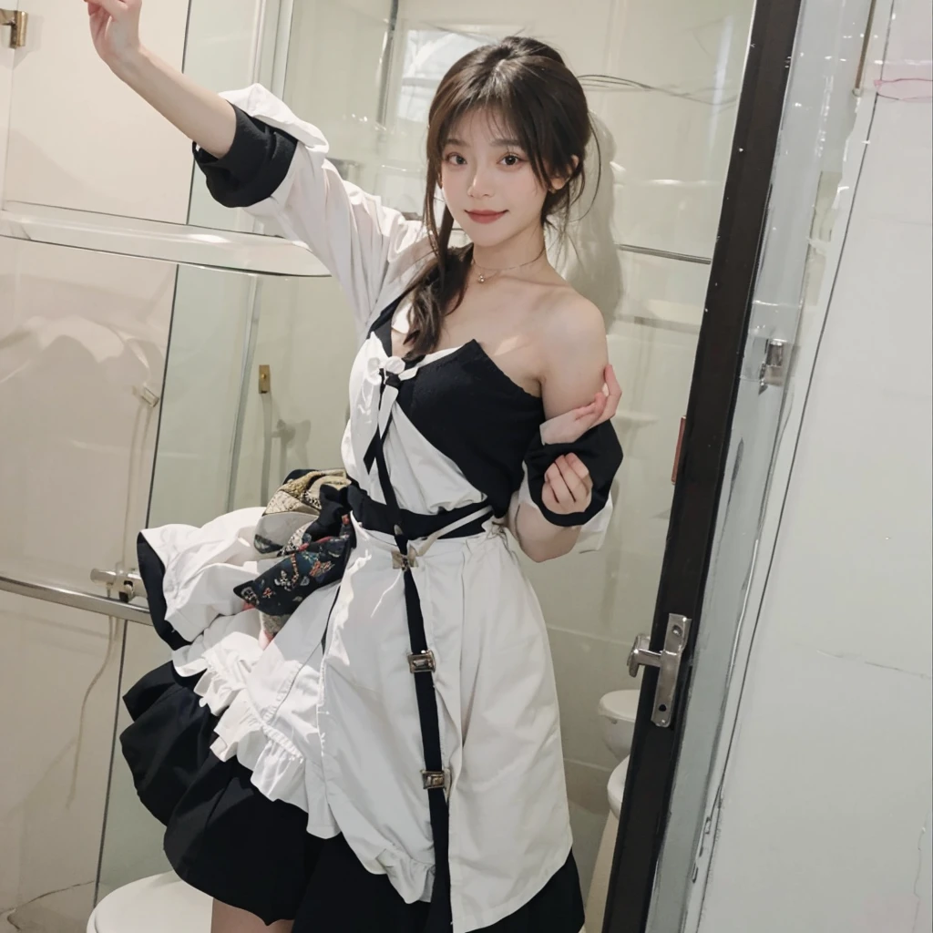 best qualtiy， Ultra-high resolution， （realisticlying：1.4），cute hairpin，Baoyu Girl，1girll, Beautiful woman with a slim figure:1.4, abs:1.1, (A brown-haired, mideum breasts:1.3), Long pink sweater:1.1, bathroom,Ultra-fine face，Elaborate Eyes，double eyelid，ssmile，choker necklace