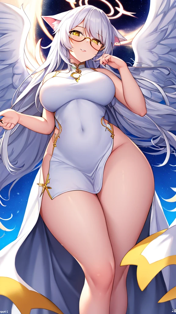 A 20-year-old female angel with long, white hair, yellow eyes, white cat ears, and large white angel wings. yellow halo ring round white glasses Sexy white, leg length evening dress. Stand and look down, hand touching lips.