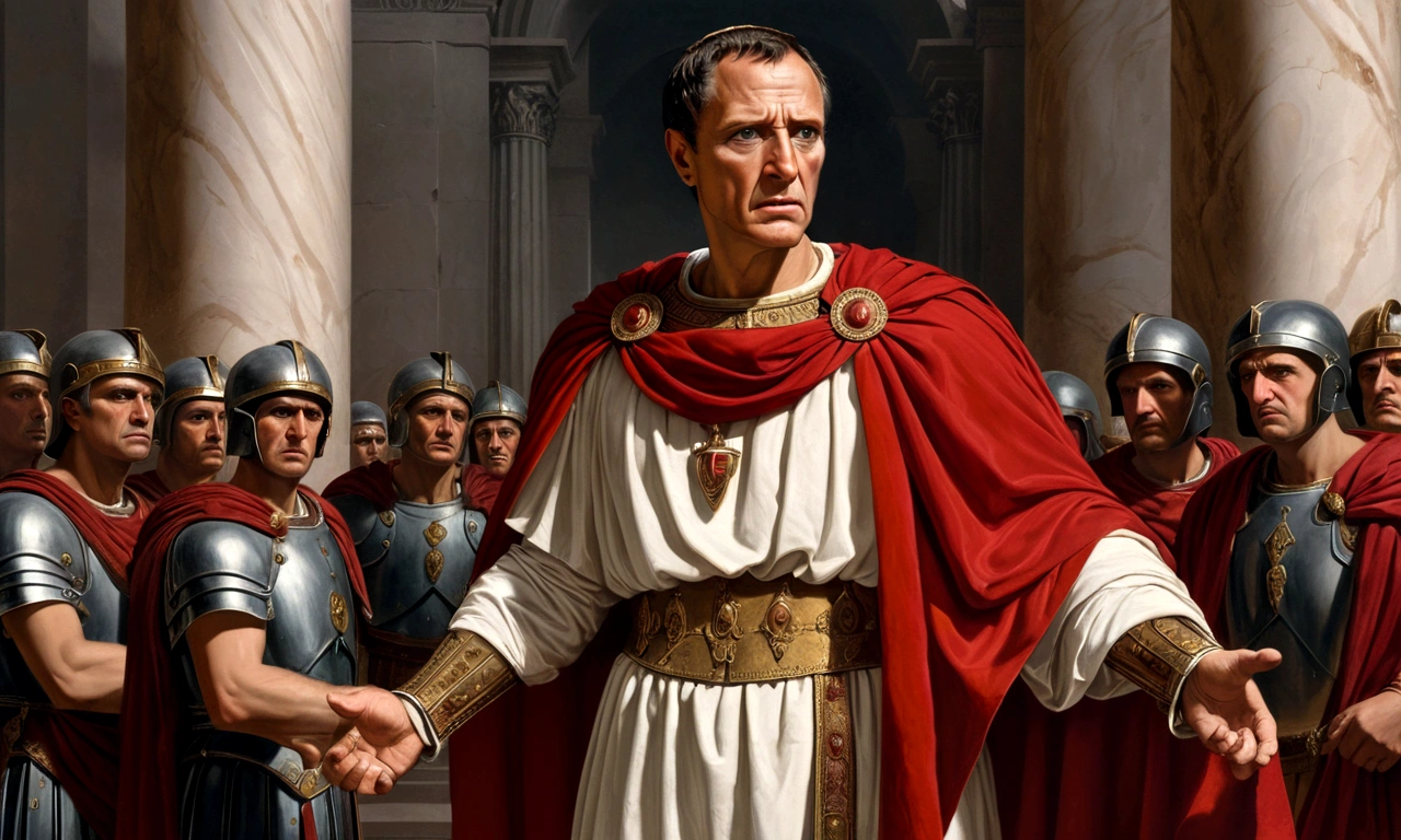 painting, julius caesar emperor of rome, no back ground, angry and disappointed, He has his iconic outfit and his red cape, renaissance painting