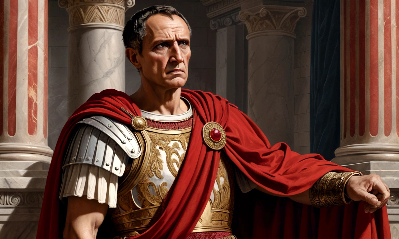 painting, julius caesar emperor of rome, no back ground, angry and disappointed, He has his iconic outfit and his red cape, renaissance painting 