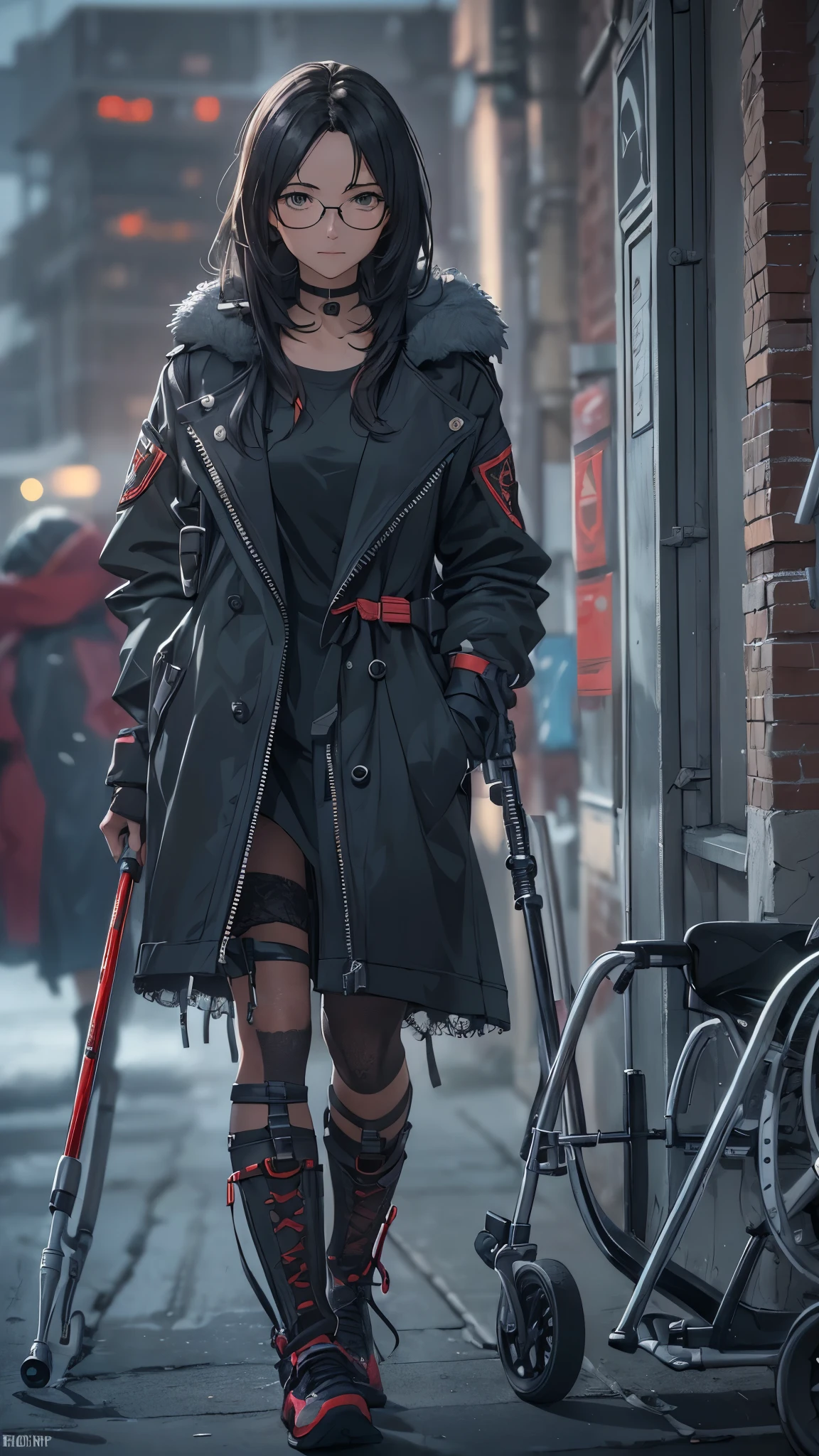 (Very detailed, Realistic), Cityscape, [moderately:Oil], [Professional:1.1], [Physically Based Rendering], [Bright colors], [Sharp focus], [Studio Lighting], [Extreme Detail], [Highest quality,4K,8K,High resolution,masterpiece:1.2],(Detailed face),((inside the hospital)),((One 18-year-old woman)),(Glasses),(Black unkempt hair),(dark),(it hurts),(Scary),[Nervous eyes],((She walks with crutches,Crutch length from armpit,Crutches are at her side)),((she’s putting on her legs in cast)),((leg braces)),((leg braces)),((she’s wheelchair user)),((she’s wheelchair user)),((Her feet are turned inwards)),(winter clothes ladies fashion,trench coat,tights),((lace-up-long-boots)),(gloves,Knee pads),.