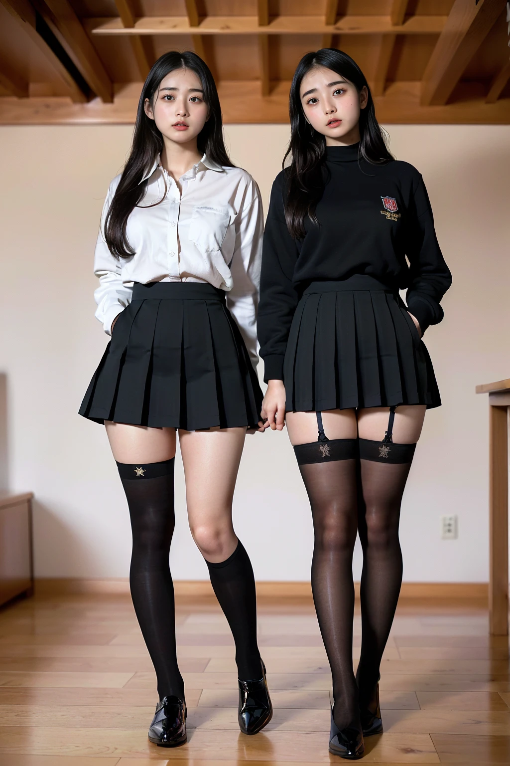 (Realisticな紺色ブレザーの制服を着用しています), ((High school girls always wear black stockings.)), (8K), (Highest quality: 1.2), (Realistic: 1.2), Ultra-high resolution, Very detailed, Golden Ratio, (RAW Photos:1.1), (Two high school girls are standing facing this way.),((Full body portrait)), (Wide thighs),Japanese high school girls, 19 years old, Detailed skin, Enako&#39;s face, Super cute face, (F Cup Big:1.3), Cleavage, Put your hands on your hips, (Realisticな紺色ブレザーの制服を着用しています:1.7), (Winter uniforms), (The pleated mini skirt is very short:1.4), (Wide thighsと長い脚:1.3), ((Wide thighs)), ((Shiny black stockings:1.3)), ((High school girls always wear black stockings.)), (Wearing high heel loafers)