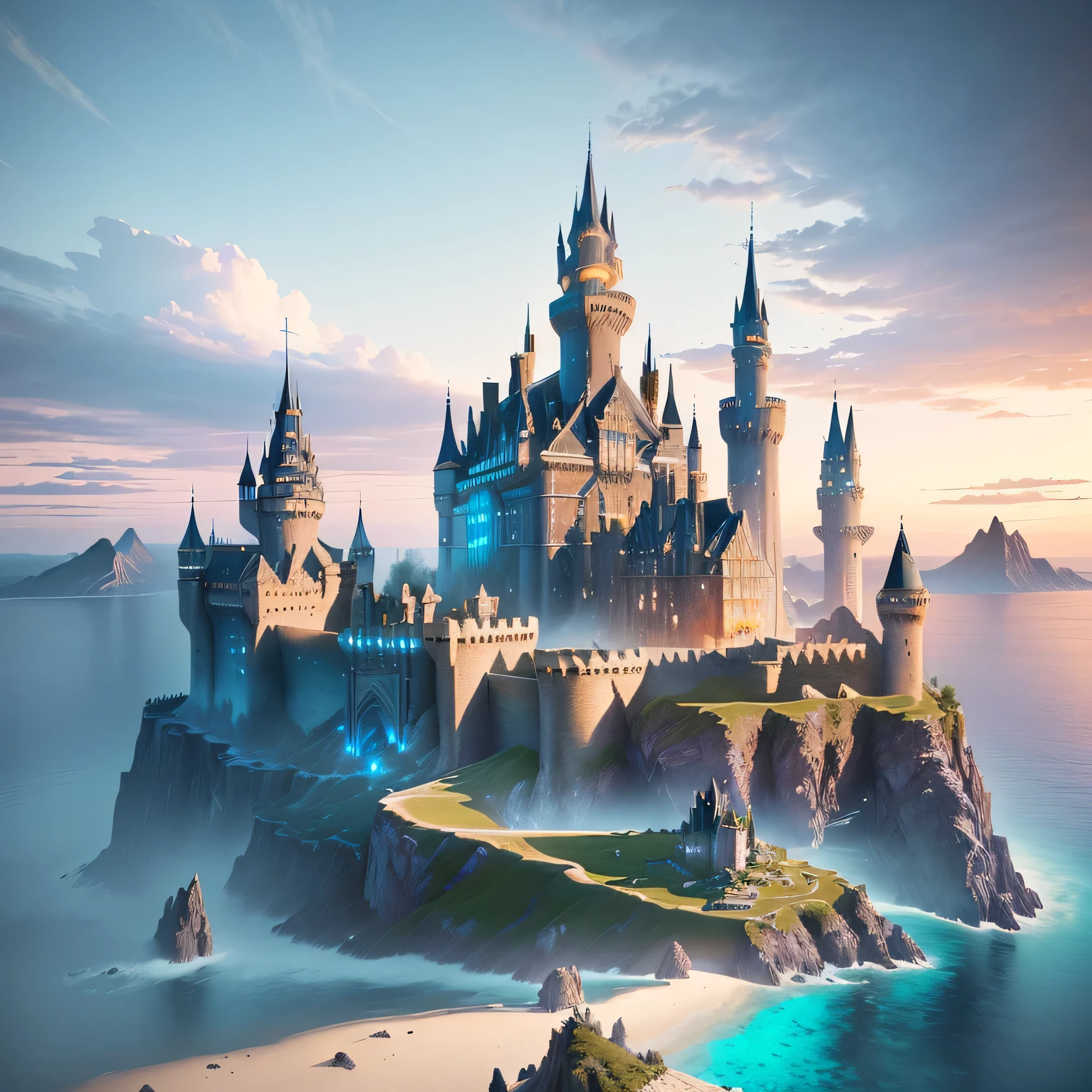 a beautiful fantasy castle on a small island in the middle of the ocean, detailed medieval castle with tall spires, magical fairytale castle, epic fantasy castle, dreamlike castle, castle on a hillside, cinematic dramatic lighting, surreal magical atmosphere, unreal engine fantasy art, matte painting style, highly detailed, magical school of witchcraft and wizardry, futuristic castle, mystical castle on a hilltop