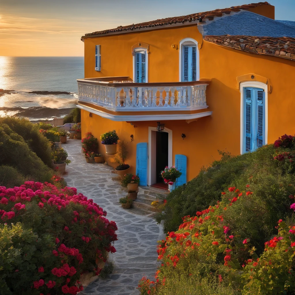 une maison, au couleurs vives, un toit de panneaux solaires, adossé a la falaise, un chemin, des escaliers, au bord de la mer