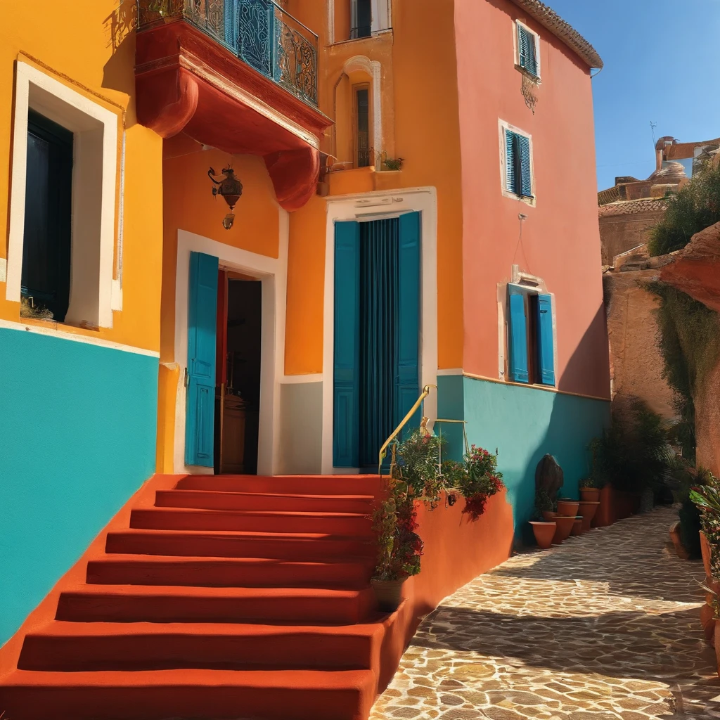 une maison, au couleurs vives, un toit de panneaux solaires, adossé a la falaise, un chemin, des escaliers, au bord de la mer