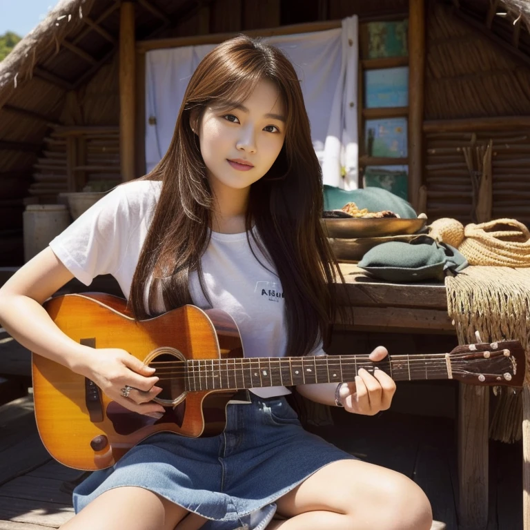 Araffi woman sitting in front of a hut with a guitar, Jae Yeon Nam, Tzuyu from two times, Korean girl, Chinese girl, Jinyoung Shin, Roseanne Park of blackpink, Korean idol, girl playing guitar, gongbi, portrait of female Korean idol, beautiful south korean women, singer-songwriter, Korean artist, Xindong Chen, Wen Feiye