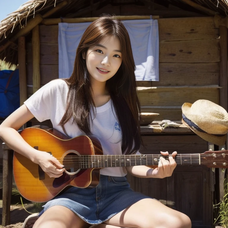 Araffi woman sitting in front of a hut with a guitar, Jae Yeon Nam, Tzuyu from two times, Korean girl, Chinese girl, Jinyoung Shin, Roseanne Park of blackpink, Korean idol, girl playing guitar, gongbi, portrait of female Korean idol, beautiful south korean women, singer-songwriter, Korean artist, Xindong Chen, Wen Feiye