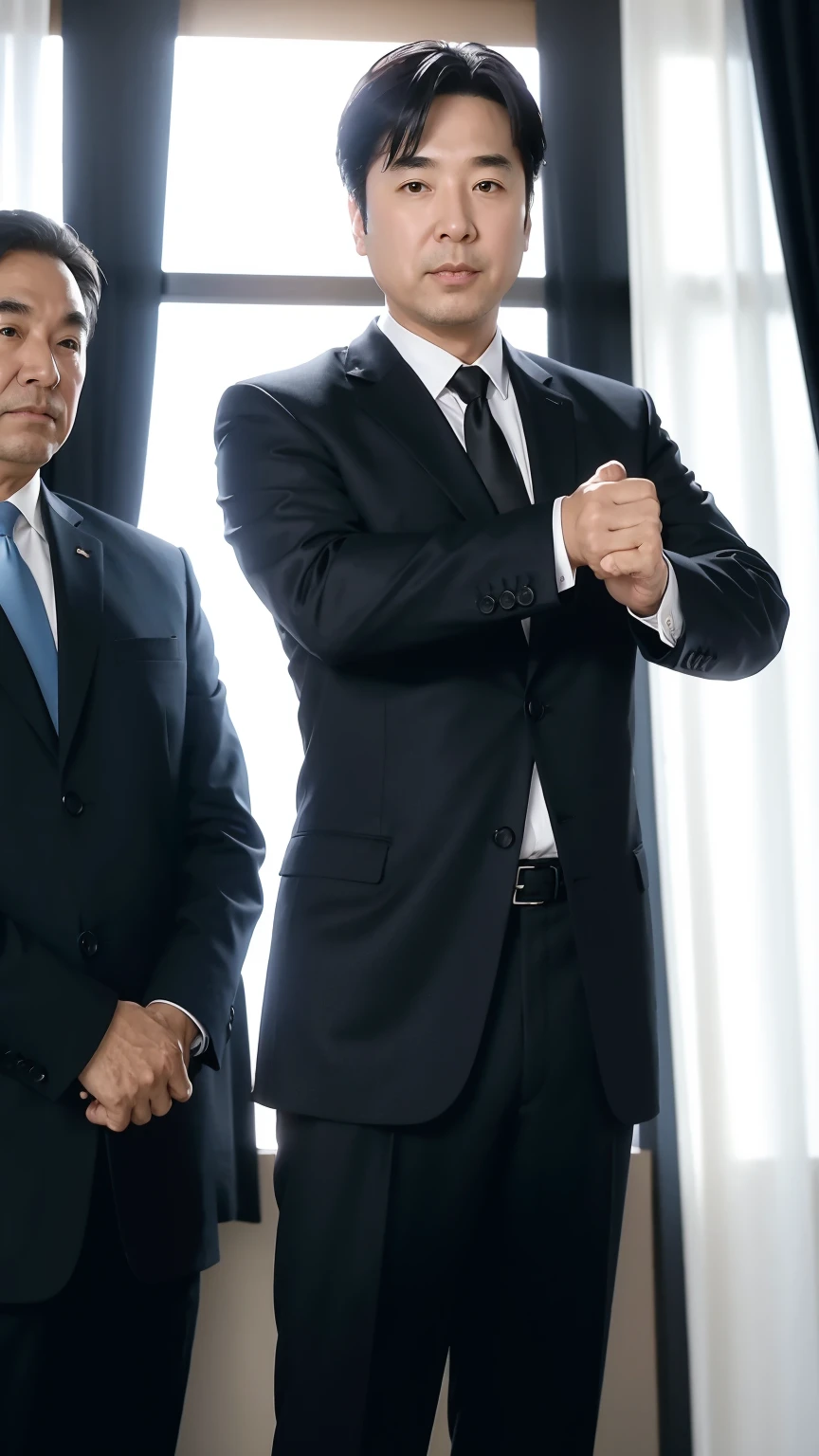 40-year-old male， Soft headlight，High-density imaging，（Thin face），((Black suit))，((Various dynamic poses))，((White curtains in the background))，best quality，masterpiece，（Soft colors：1.2）