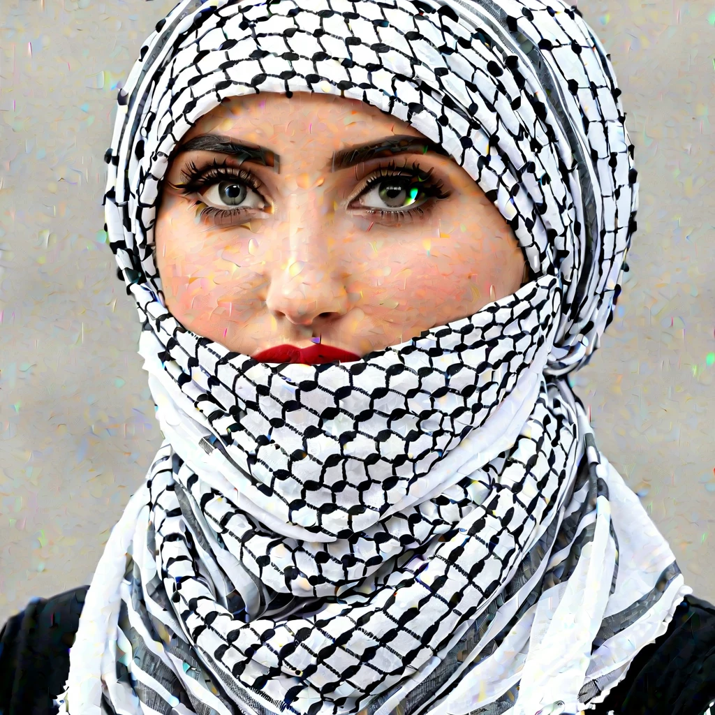 Nordic goddess wearing Palestine keffiyeh