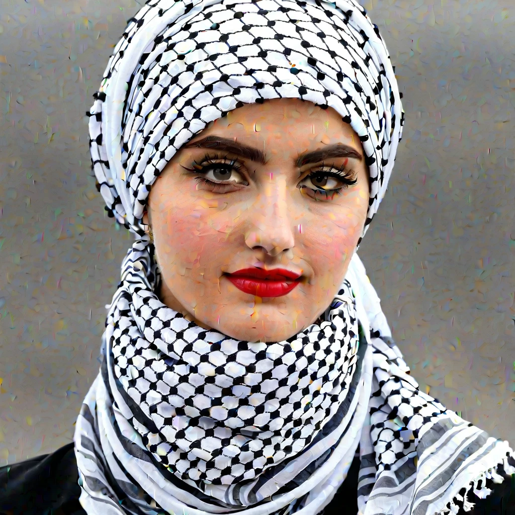 Nordic goddess wearing Palestine keffiyeh