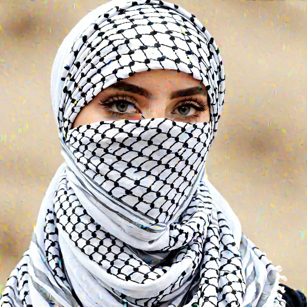 Nordic goddess wearing Palestine keffiyeh