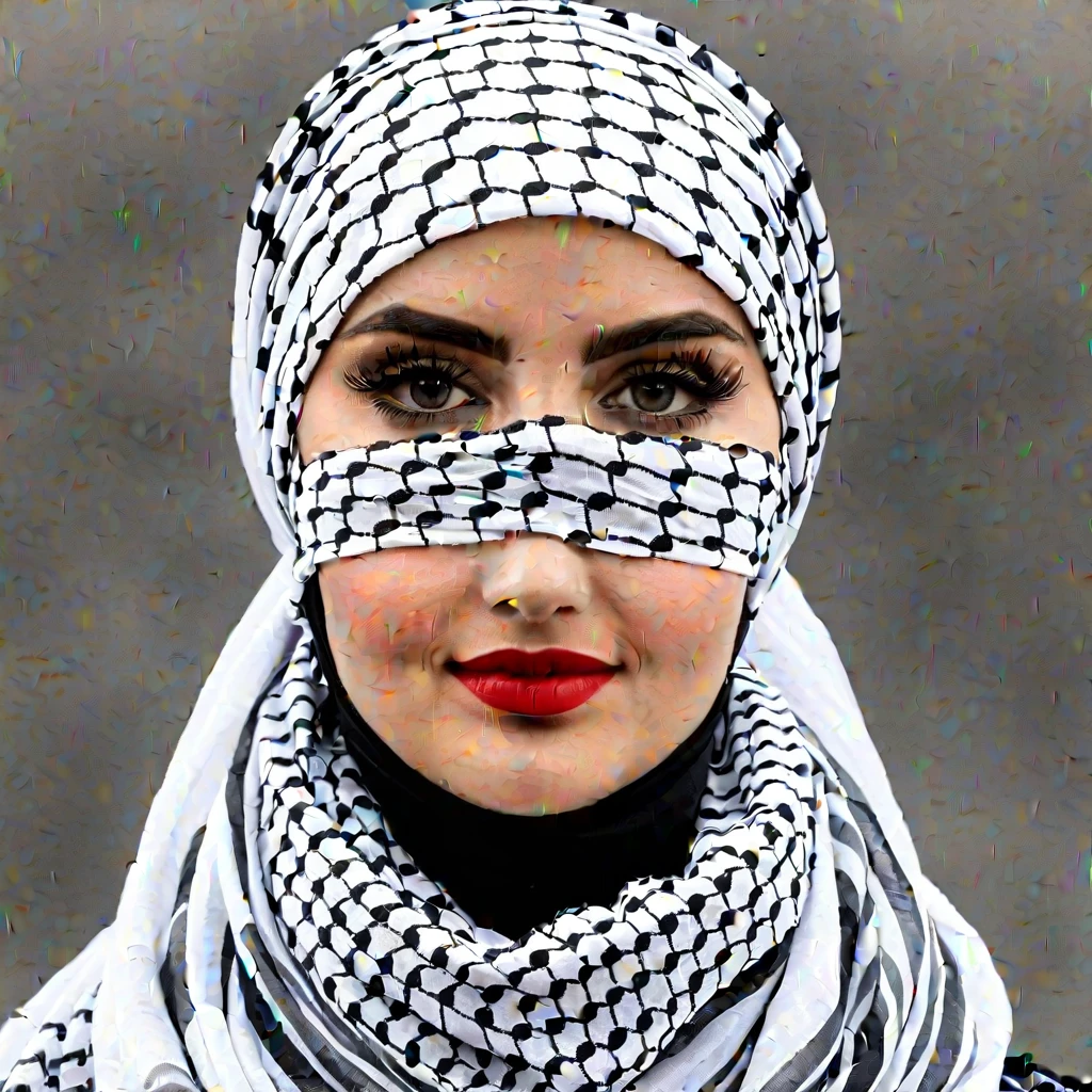 Nordic goddess wearing Palestine keffiyeh