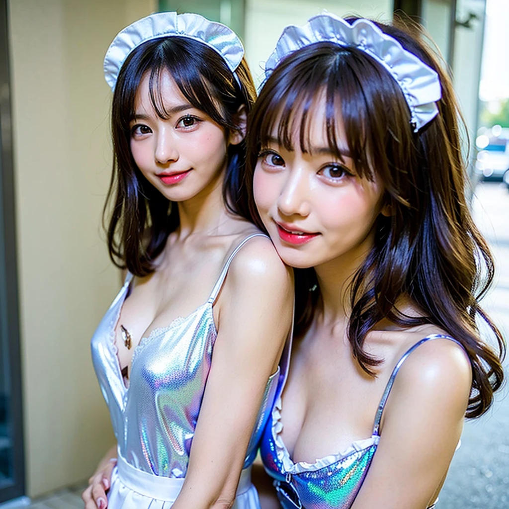 baby face:2,10 years old,A very beautiful and cute angel-like girl,((table top, highest quality, High resolution, perfect pixel,  4k, nfsw:1.7,)), 1 girl, single, alone, Beautiful woman、I could see the whole body、 ((wavy mid hair, bangs, brown hair)), ((brown eyes, beautiful eyelashes, realistic eyes)), ((detailed face, blush:1.2)), ((smooth texture:0.75, realistic texture:0.65, realistic:1.1, Anime CG style)), medium breasts, dynamic angle, perfect body,  ((red bow tie, , white shirt, black skirt, plaid skirt)), city stairs、Looking up from the bottom of the stairs、Very embarrassing panic smile, looked back、lean forward、(The wind flipped my skirt and  my butt.............................、touch your butt with both hands、pink floral lace :1.3)、
thin and beautiful eyes, 
detailed double eyelids,
(soft saturation: 1.3), 
(Fair skin: 1.3),(very flat chest:2),(Rugged and loose chest:2.0),
(Big eyes:1.4),
long brown straight hair, 
 bang,15 year old student,
sharp focus,
美しいdetailed faceと目, 
droopy eyes,
small nose,
small mouth, 
Happy smile with visible teeth, 85mm lens, f/8.0,break (Super shiny holographic white and metallic blue maid outfit :1.3),walk,brown hair ,(Clothing with highly reflective surfaces:1.3),
(highest quality:1.2),(maid costume:1.5),
RAW photo, 
High resolution, 
perfect details, 
professional photography, 
professional lighting,
powerful lighting for costumes,in the street